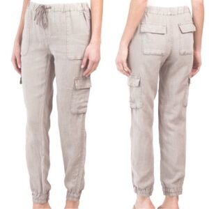 Nicole Miller 100% Linen Cargo Jogger Drawstring Pants Medium Beach Boho Casual